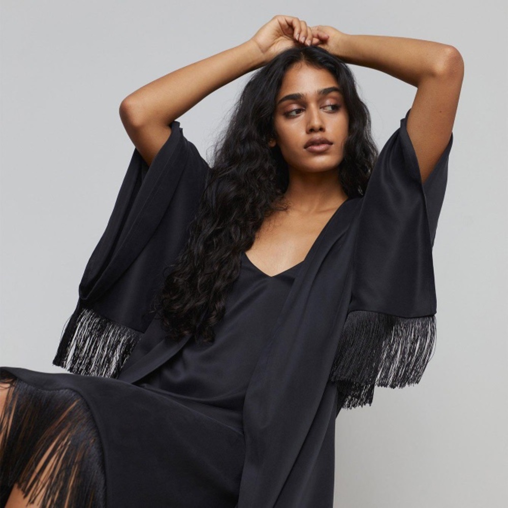 New Lunya Long Silk Fringe Kimono Robe